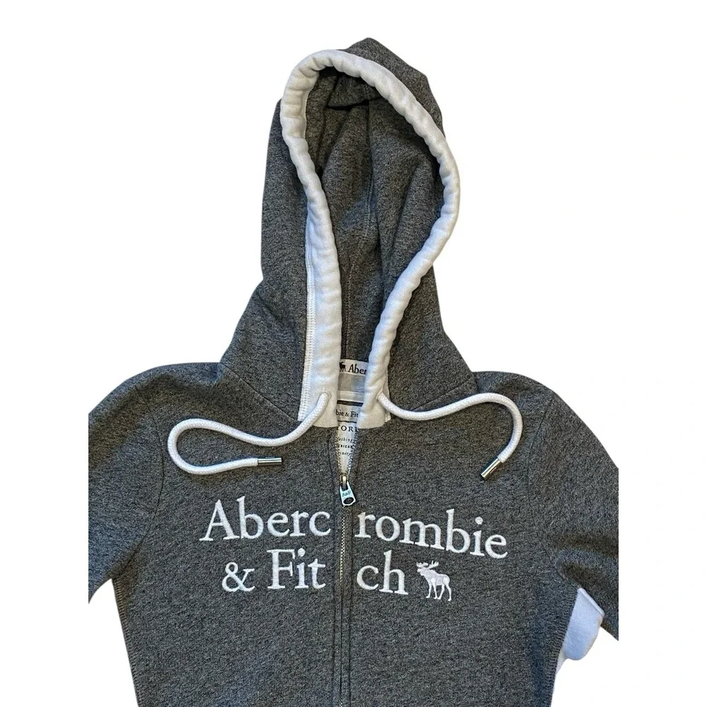 Abercrombie & Fitch Women's Small Grey & White Full Zip Hooded Jacket Logo